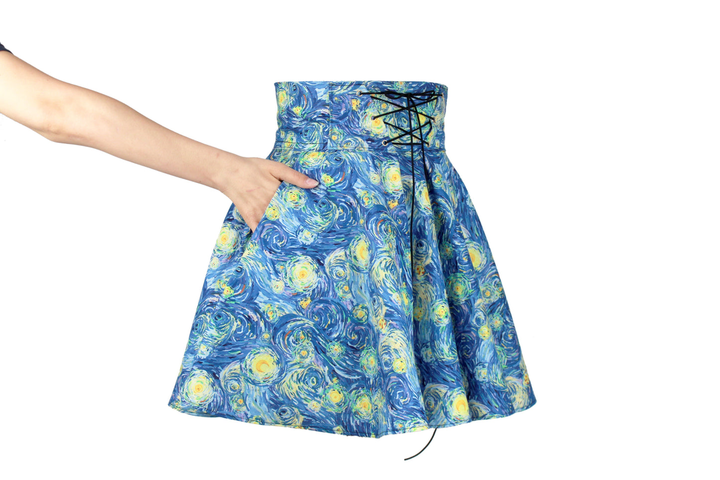 32in Skirt with POCKETS (Small) - Starlights No. 13 - Handmade High Waisted Adjustable Waist Circle Skirt with BIG Pockets - One Zippered Ppcket/One Regular Pocket