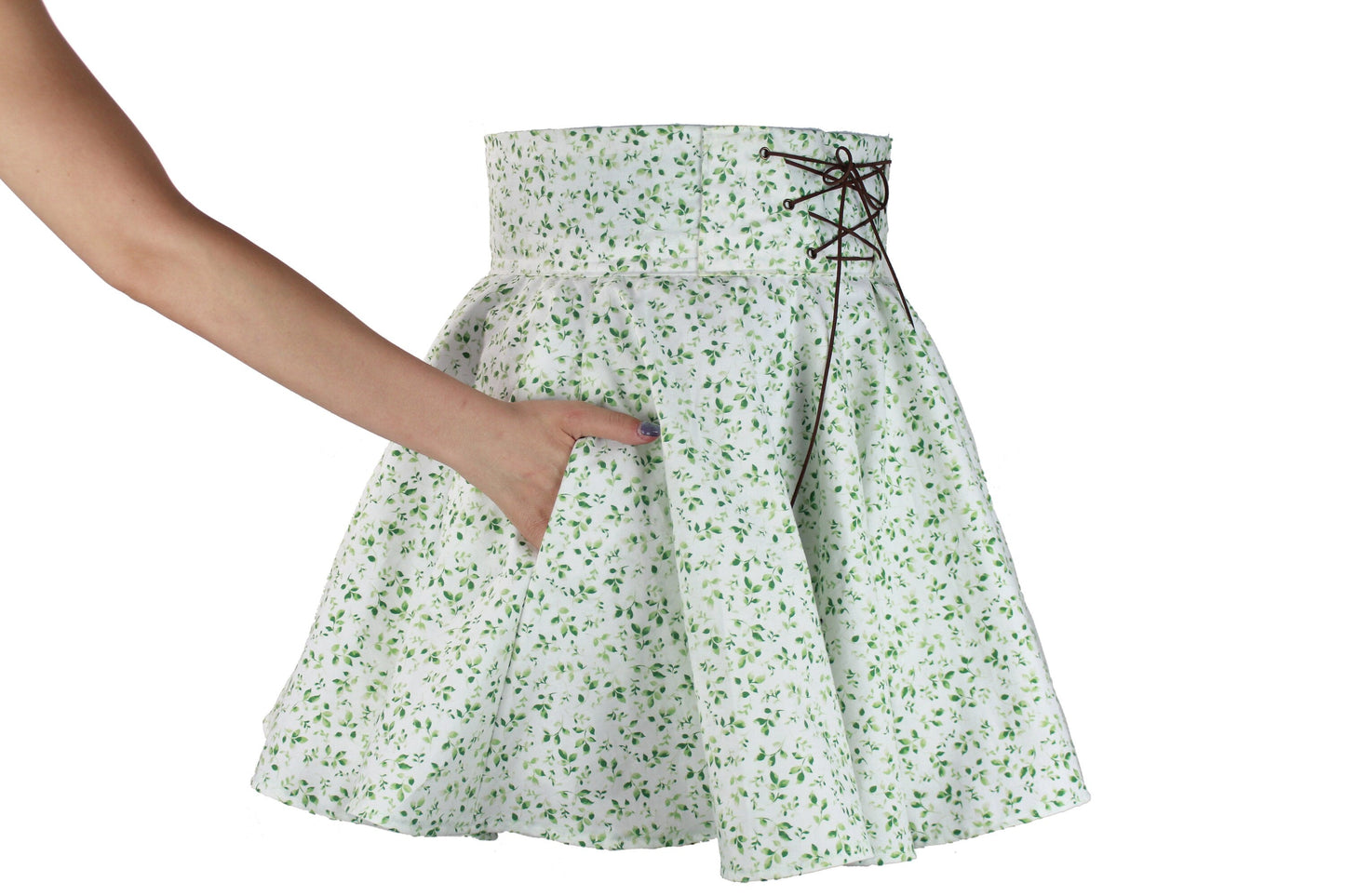 34.5in Skirt with POCKETS (Medium) Serenity Leaves No. 10 - Handmade High Waisted Adjustable Waist Circle Skirt with BIG Pockets - One Zippered Pocket