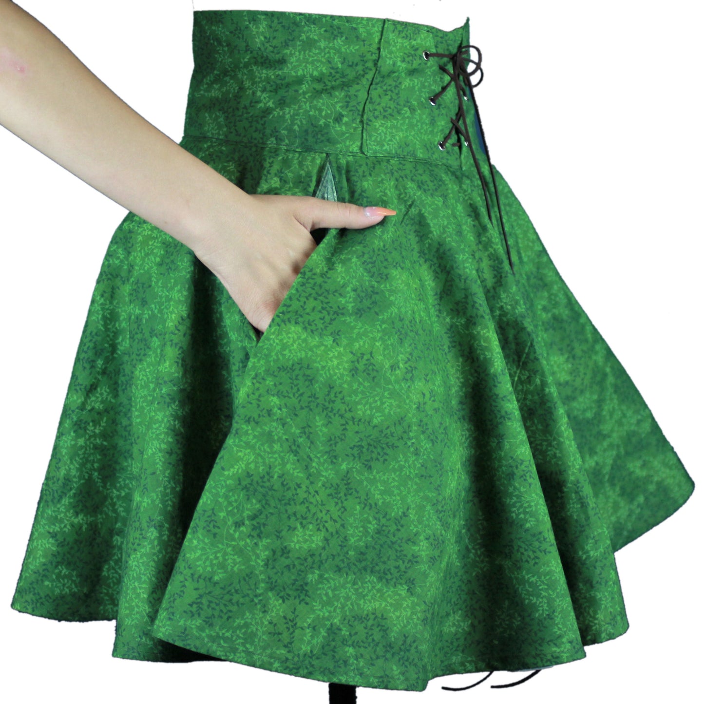 27in Skirt with POCKETS (XS) Green Nymph No. 13 - One Zippered Pocket/ One Regular Pocket - Handmade High Waisted Adjustable Waist Circle Skirt with BIG Pockets